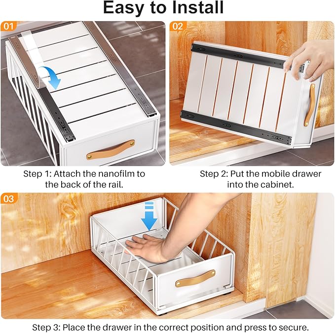 Pull out Cabinet Organizer Fixed with Adhesive Nano Film,Heavy Duty Slide out Pantry Shelves Drawer Storage,Sliding Mesh Cabinet Basket with Handle for Kitchen, Bathroom,Home, 11.8W"X 15.7D"X6.2"H