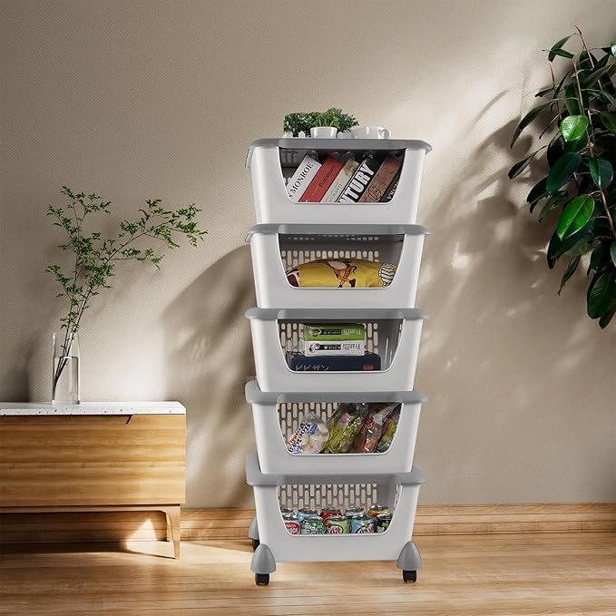 5 Tiers Plastic Stacking Storage Baskets, Kitchen Stackable Storage Bins, Grey