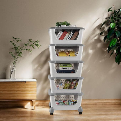 5 Tiers Plastic Stacking Storage Baskets, Kitchen Stackable Storage Bins, Grey