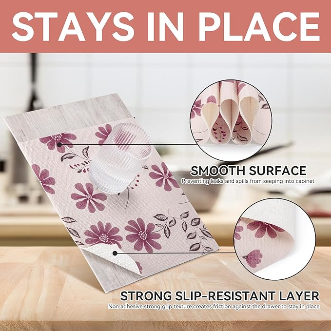 RAY STAR Shelf Liner, Non Adhesive Floral Kitchen Cabinet Liner for Pantry Drawer, Strong Grip Non Slip Waterproof, Shelf Liners for Kitchen Cabinets Cupboard 12 Inch x 10 FT Pink Daisy (4 Rolls)