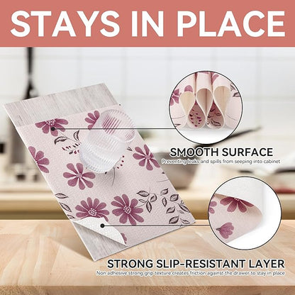 RAY STAR Shelf Liner, Non Adhesive Floral Kitchen Cabinet Liner for Pantry Drawer, Strong Grip Non Slip Waterproof, Shelf Liners for Kitchen Cabinets Cupboard 12 Inch x 10 FT Pink Daisy (4 Rolls)