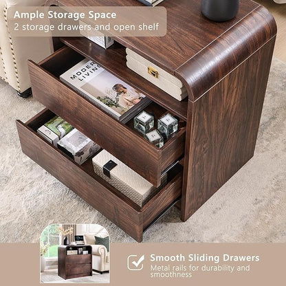 Aitjunz 25" Tall Modern Nightstand with Charging Station, 23.6'' Wide Wood Bedside Table w/2 Storage Drawers, Large Mid Century End Table for Bedroom, Living Room, Curved Profile Design, Brown
