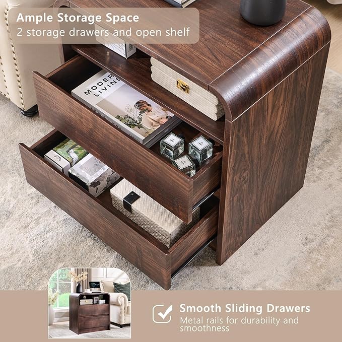 Aitjunz 25" Tall Modern Nightstand Set of 2, 23.6'' Wide Wood Bedside Table w/2 Storage Drawers, Charging Station,Mid Century End Table for Bedroom, Living Room, Curved Profile Design, Brown