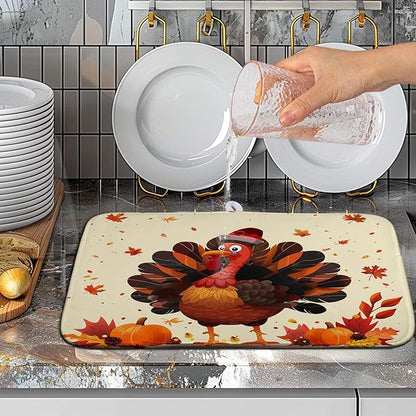 Wnoesat Thankgiving Dish Drying Mat for Kitchen Counter 16x18 Inch Fall Orange Turkey Maple Leaf Pumpkin Absorbent Microfiber Dish Rack Mat Autumn Thankgiving Dish Drying Pad for Coffee Bar Sink