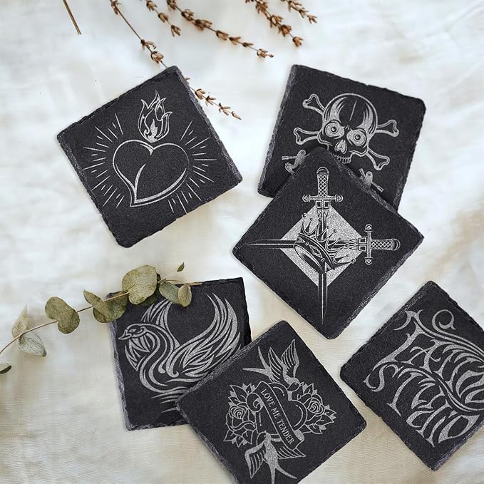 8 PCS Square Slate Drink Coasters Set, SIJDIEE 4 Inch Laser Engraving Black Slate Stone Coasters with Anti-Scratch Bottom and Coaster Holder for Office Bar Kitchen Home Dinner Table Decor Supplies