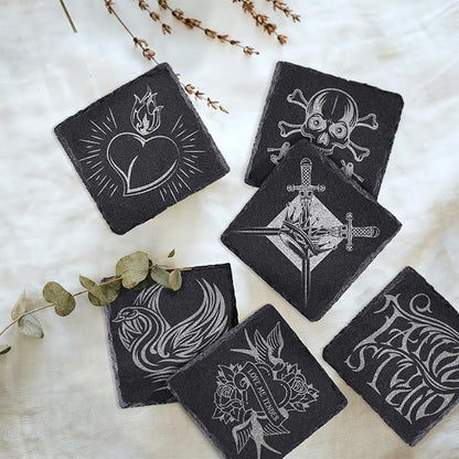 8 PCS Square Slate Drink Coasters Set, SIJDIEE 4 Inch Laser Engraving Black Slate Stone Coasters with Anti-Scratch Bottom and Coaster Holder for Office Bar Kitchen Home Dinner Table Decor Supplies