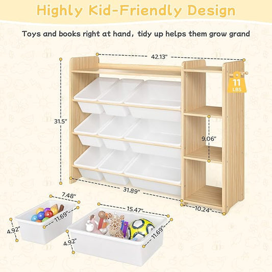 Kids Toy Storage Organizer, Wooden Shelf with 3 Tiers and 9 Storage Bins, Nursery Room Organizer for Books and Toys, White and Natural Wood