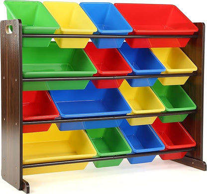Humble Crew Supersized Toy Storage Organizer with 16 Removable Bins, Walnut/Primary – Large Toy Storage for Toddlers Ideal for Kids' Rooms, Playrooms, and Nurseries - Modern Toy Bins for Kids