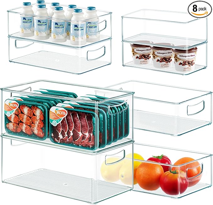 Heyuzb 8 PACK Freezer Organizer Bins Clear Stackable Storage Bins with Side Handles Refrigerator Organizers and Storage Home Organization Must Haves