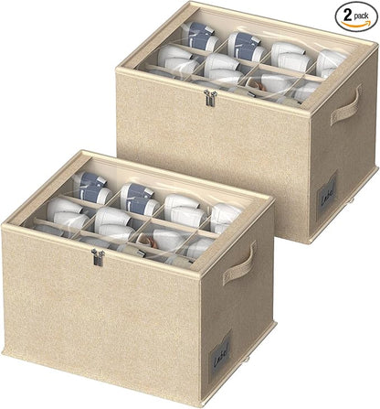 CYhom 2 Pack Shoe Organizer for Closet - Shoe Storage Bins with Clear Cover, Fabric Shoe Storage Containers with Reinforced Handles, Fits up to 24 Pairs (Beige, 16.5 * 12.6 * 12.2in)