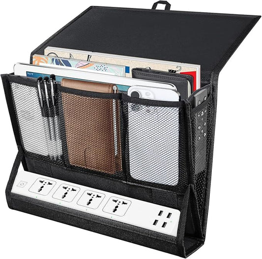 AKAYOK Bedside Caddy Hanging Bed Organizer Storage Bag Pocket with Power Strip Holder Multi-functional Organizer Caddy for Remotes Phone Glasses Magazines, Tablets, Accessories (7 pocket)