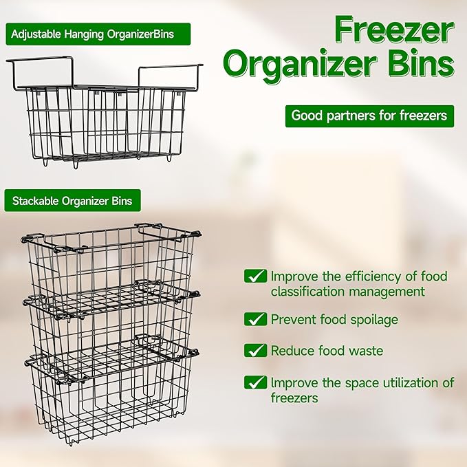 Freezer Baskets for Chest Freezer, Freezer Organizer Bins, 2 Pack Stackable Deep Chest Freezer Organizer & 1 Pack Adjustable Hanging Chest Freezer Organizer for 5-7 Cu.FT Deep Freezer Sort Frozen Food