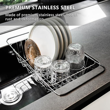 YENXIKU Over The Sink Dish Drainer Drying Rack - Expandable Stainless Steel in Sink Dish Drying Rack, High-Capacity, Rustproof, Easy Install, with Utensil Holder - Dish Racks for Kitchen Counter