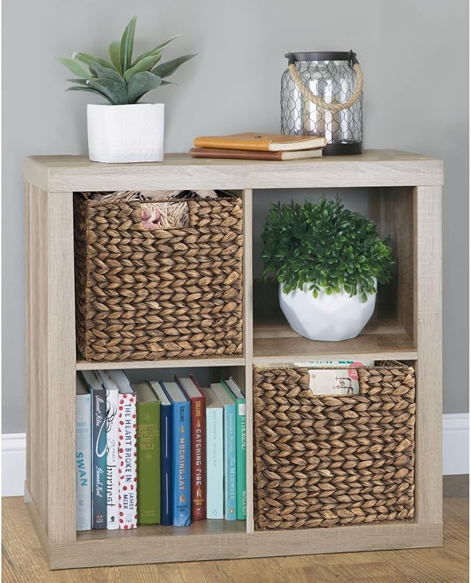 mDesign Natural Woven Hyacinth Cube Organizer Basket with Handles, Storage for Bathroom, Laundry Room Shelf or Nursery - Perfect for Cubby Storage Units - Hold Blankets and Books - 6 Pack, Brown Wash