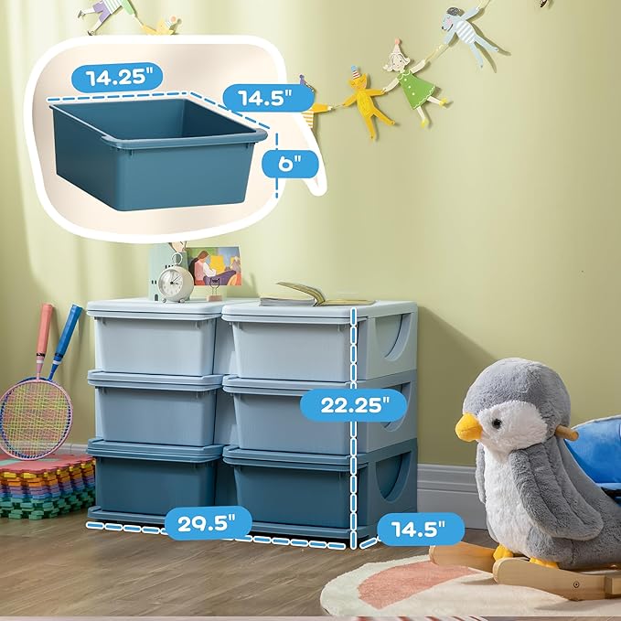 Qaba 3 Tier Kids Storage Unit, Toy Organizers and Storage with 6 Drawer Chest for Kids Bedroom Nursery Kindergarten Living Room for Boys Girls Toddlers, Blue