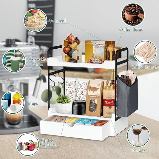 Coffee Station Organizer for Counter, Condiment Storage Caddy for Kitchen with Hooks and Bag,2 Tier Wooden Shelf for Coffee Bar Accessories,Coffee Bar Organizer for Kitchen, Home, Office-White