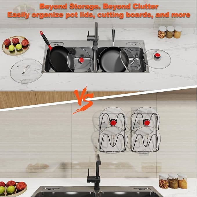 MZTOOL 2 Pack Pot-Lid-Organizer, 4-Tier Pots and Pans Lid Organizer Under Cabinet, No Drilling, Rustproof, Lid-Organizers-Inside-Cabinet for Small-Space-Solution & Kitchen Cabinet Organization