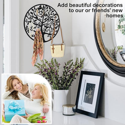 Round Decorative Home Key Holder Wall Mount, Metal Tree Car Key Rack for Wall Organizer for Keys, Wallets, Hats, Used for Decor for House Entryway, Kitchen, Garage, Office (12" Black)