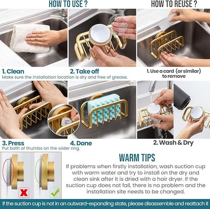 TAILI Sponge Holder for Kitchen Sink with Strong Suction Cup, Rustproof Aluminum Sink Caddy for Sponges, Removable Sponge Holder, Dish Brush for Scraper - Gold