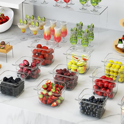 HNEDSEN Plastic Clear Food Pan 1/6 Size Stackable Polycarbonate Pan with Capacity Indicator Restaurant Commercial Hotel Pans for Fruits Vegetables Beans Corns (12 PCS, 2.5'' Deep)