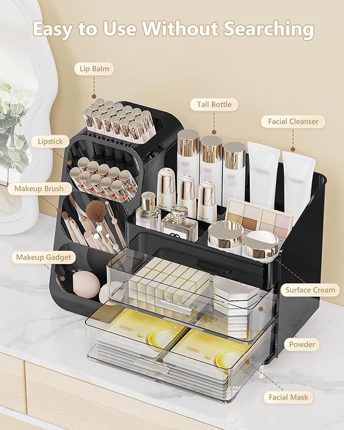Anylady Makeup Organizer with Drawers, Skincare Organizer (Large Size Thick), Storage Box Cosmetic Display Cases, Make up Organizers for Vanity, Dresser, Desk, Kitchen, Countertop (black)
