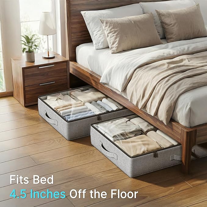 TidyCorner 2-Pack Under Bed Storage Containers, 4.5 Inches Tall Low Profile Underbed Clothes Storage Organizer Bin with Sturdy Sidewalls/Bottom, Underbed Storage Bins 2 Storage Thin Bins