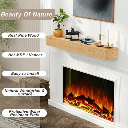 ROOMTEC 48"W x 8"D x 5"H Rustic Wood Floating Fireplace Mantel Shelf, 1 Shelf, Country Rustic Style, Wall Mount, Pine & Oak, Handcrafted, Water Resistant