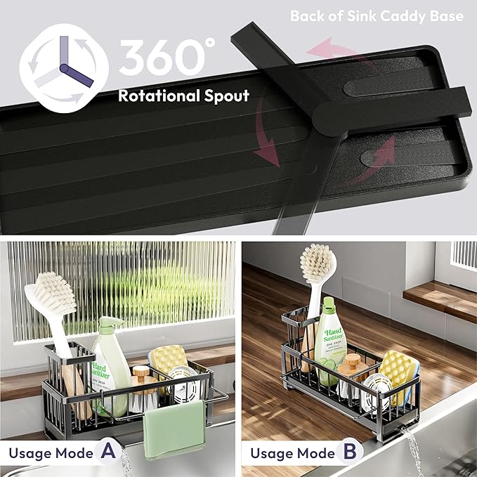 SWTYMIKI Sponge Holder for Kitchen Sink - Sink Caddy with Brush Holder Self-draining Sponge Caddy Organizer with Divider Stainless Steel Kitchen Accessories Storage for Countertop, Black