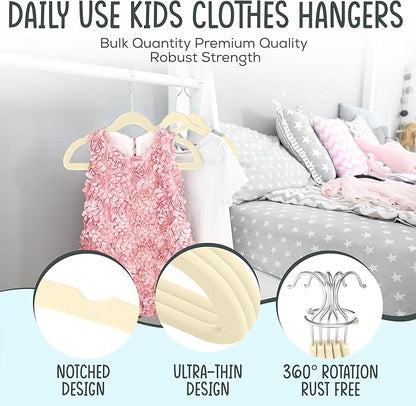 TechZoo 25 Premium Kids Velvet Hangers - 14" Non-Slip Clothes Hangers for Kids & Preteens - Ultra Slim, Space-Saving, Strong & Durable Hangers with 360° Swivel Hook - Beige