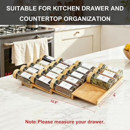 KitHero Spice Drawer Organizer with 18 Bamboo-lidded Spice Jars,216 Labels,50 Non-slip Rubber, Bamboo 4 Tier Seasoning Rack Tray Insert for Kitchen Drawers,Cabinets,Countertop,9" Wide x 15.8" Deep