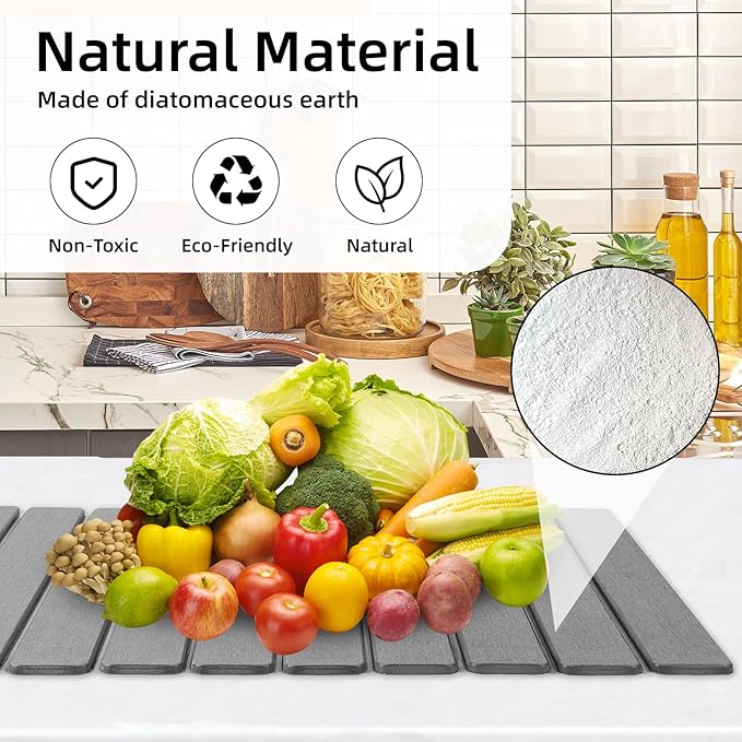 Hoborato Stone Dish Drying Mat,24"(L)×16"(W) - Fast-Drying, Collapsible Kitchen Counter Mat for Dishes, Cups & Bottles with Sanding Tool + Placemat, Dark gray