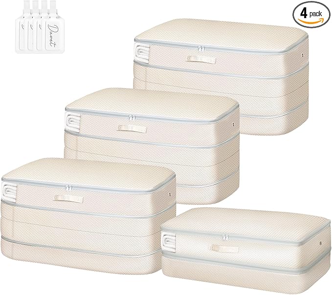 Easortm Comforter Storage Bag - Large Capacity Bedding Storage Bags Ultra Space Saving Self Compression Organizer, Washable Compression Bags for Storage Comforter Blanket Duvet Pillow, 4-Pack, Beige