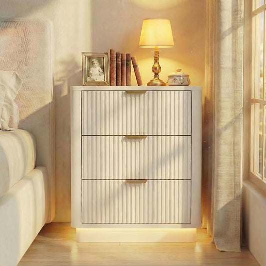 BONITURE Led Fluted Nightstand, Smart Curved Night Stand with Charging Station Lighting, Wood End Table with 3 Drawers, Modern Side Table Storage Cabinet for Bedroom Office,(1, White)