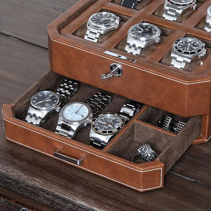 ROTHWELL 6 Slot Leather Watch Box with Valet Drawer - Luxury Case Display Organizer, Microsuede Liner, Locking Mens Jewelry Watches Holder, Men's Watch Storage Large Glass Top (Tan/Brown)