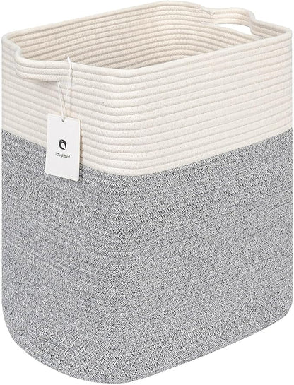 Storage Baskets for Clothes Fabric Cotton Rope Storage Basket with Handles, Decorative Woven Basket for Living Room,Closet Organizer Blankets, and 2bags (Silver Gray, L17.8×W12.5×H17.9)