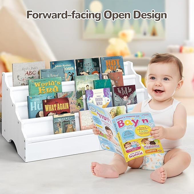 ELYKEN Toddler Bookshelf for Kids Rooms, Nursery Book Shelves with Open Forward Display, Montessori Book shelf for Baby Room, Small Children Classroom Books Rack Storage, Reading Corner for Kid, White