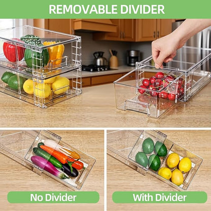 Small Stackable Clear Acrylic Storage Drawers(2 Pack) with Handles,Plastic Organizer Bins for Fridge Bathroom Kitchen Cabinet Pantry Coffee bar Undersink Office Closet Storage Bins