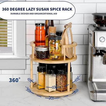 Wooden Rotating Spice Rack - 2 Tier Lazy Susan Turntable Spice Organizer for Countertop & Pantry - Portable & Space-Saving Rotating Storage Rack for Kitchen with 360° Rotating Feature