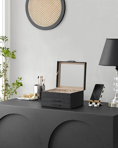 SONGMICS Jewelry Box Organizer with Glass Lid, 3-Layer Jewelry Storage, with 2 Drawers, Modern Style, 8 x 9.1 x 5.3 Inches, Graphite Black and Silver UJBC239BK