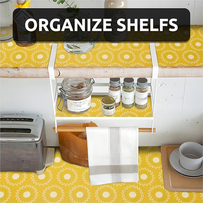 FIFTY FEET 18X96 Inch Shelf Liner for Kitchen Cabinets, PVC Drawer Liner for Dresser Non-Slip Bathroom, Non-Adhesive Cabinet Liner Washable (Yellow Circle)(2 Roll)