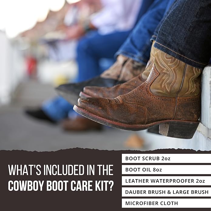 Cowboy Boot Cleaning and Conditioning Kit (6 Pieces) - Ultimate Cowboy Boot Care Kit - Cleaner (Boot-Scrub) + Conditioner (Leather Oil) + Waterproofing Wax + Brushes + Microfiber Cloth