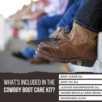Cowboy Boot Cleaning and Conditioning Kit (6 Pieces) - Ultimate Cowboy Boot Care Kit - Cleaner (Boot-Scrub) + Conditioner (Leather Oil) + Waterproofing Wax + Brushes + Microfiber Cloth