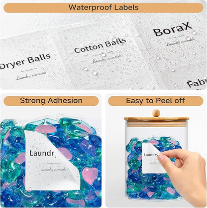 Glass Laundry Pods Container & Acrylic Dryer Sheet Holder with Bamboo Knobs Lids, Scoops & Labels | Premium Laundry Room Organization and Storage for Detergent Pods, Powder, Dryer Balls & Beads