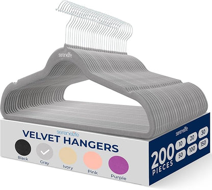 SereneLife 200-Pack Velvet Hangers – Space-Saving Non-Slip Gray Clothes Hangers with 360° Swivel Hooks, Heavy Duty Ultra-Thin Design for Coats, Shirts, Dresses & More – Durable & Lightweight