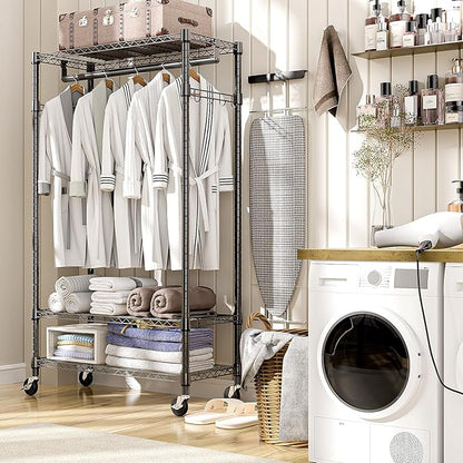 Heavy Duty Rolling Garment Rack 3 Tiers Adjustable Wire Shelving Clothes Rack with Rods and Side Hooks,Storage Closet Clothing Rack with Wheels Black 15.7" D x 29.5" W x 74.5" H