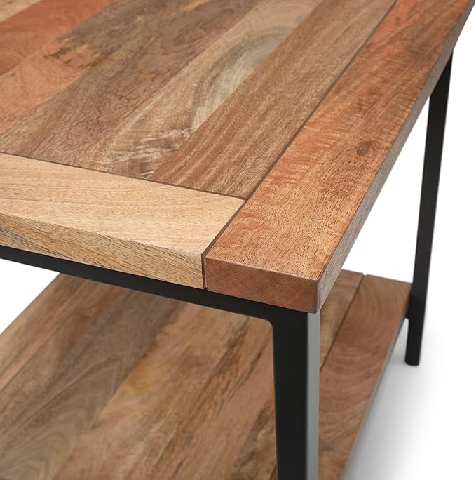 SIMPLIHOME Skyler End Table - 22 inch Wide Solid Mango Wood and Metal Side Table in Natural, Industrial Accent Table for Living Room or Bedroom with Open Storage Shelf, Assembled