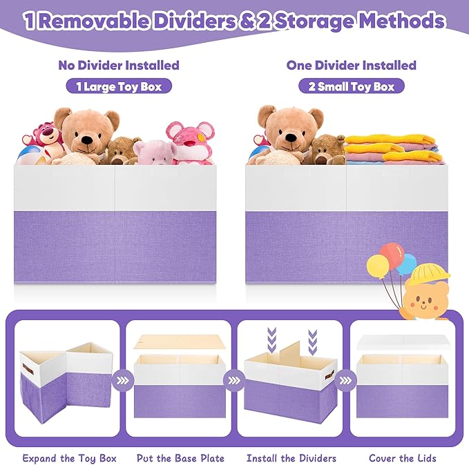 Large Toy Box, Collapsible Sturdy Storage Chest With Lids, Kids Toy Chest Storage Organizer Toddler Bin Boxes for Living Room, Bedroom, Nursery, 25"x13"x16", Purple & White