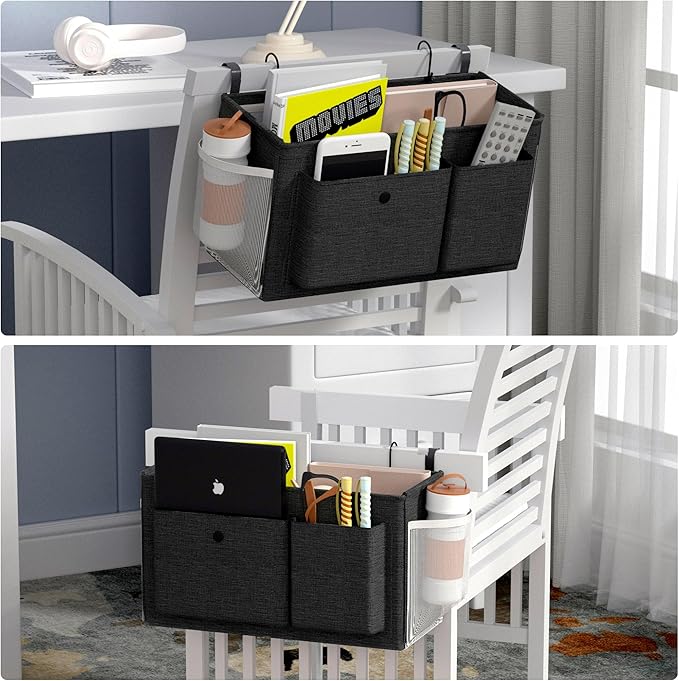 Edudif Bedside Caddy Bedside Organizer with Fixed Straps & Water Bottle Holder, Bunk Bed Caddy ideal for Home, Dorm, Hospital, Crib, Versatile Bedside Storage Solution (Black)