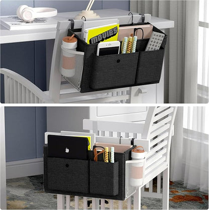 Edudif Bedside Caddy Bedside Organizer with Fixed Straps & Water Bottle Holder, Bunk Bed Caddy ideal for Home, Dorm, Hospital, Crib, Versatile Bedside Storage Solution (Black)