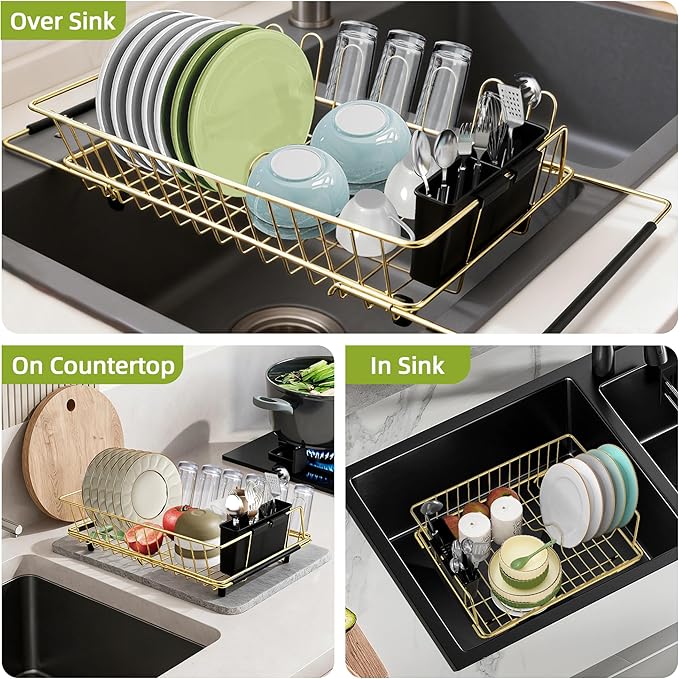 HAYAWEY Golden Expandable Dish Drying Rack-Extra Large Stainless Steel Dish Drainer Over The Sink for Kitchen Countertop with Utensil Holder, Applicable for Sink Width 16'-22' (Gold,23.2'*12.2')